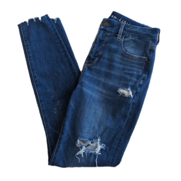 American Eagle Distressed Dark Wash Curvy Hi Rise Jegging Blue Jean Size 2 - Picture 1 of 8